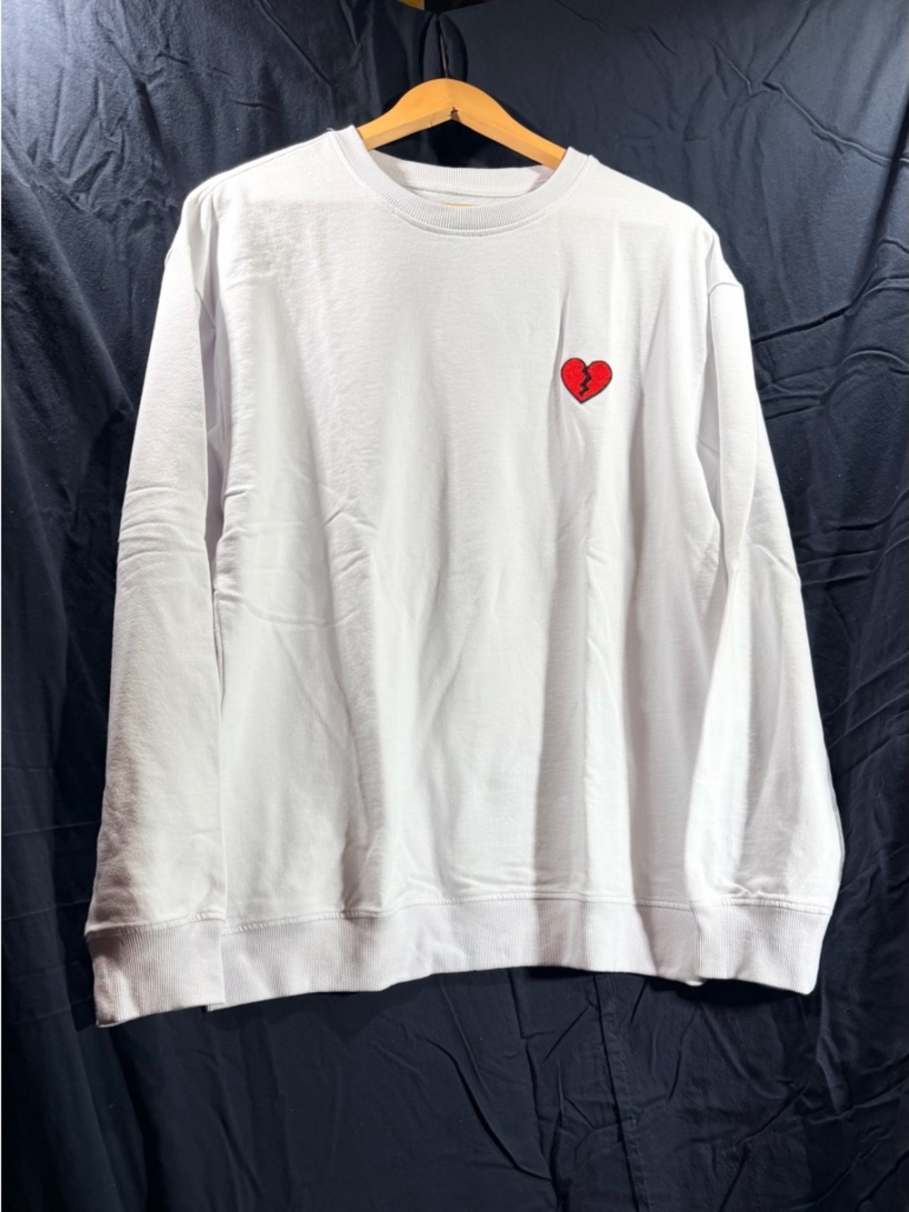 White Crewneck Sweatshirt with Red Broken Heart Embroidery